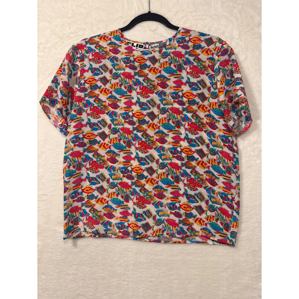 Clio Vintage 100% Silk Tropical Fish Print Blouse Short Sleeve Multi-Color Small